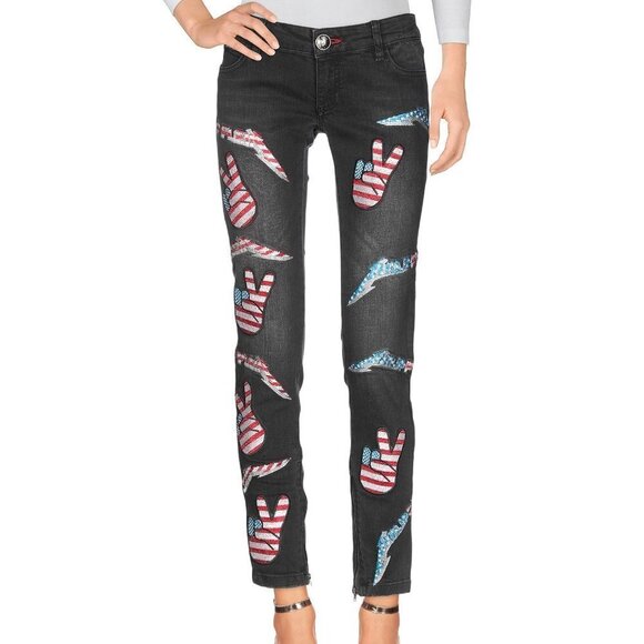 PHILIPP PLEIN Illegal Tight Club Crystal Skinny Jeans Stiletto Grey  Size 26 NWT - Picture 1 of 9